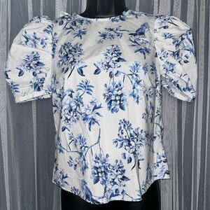 Antonio Melani Chinoiserie White and Blue Puff Sleeve Blouse Top (2)